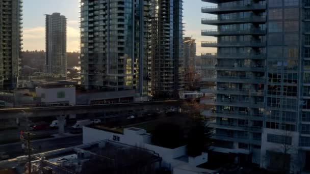 Sun Shining High Rise Building Dusk Train Railway Canada Aerial — Stock Video