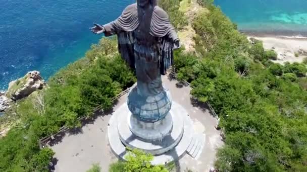 Cristo Rei Heykelinin Üzerinde Yükselen Hava Aracı Ağaçlarla Çevrili Güzel — Stok video