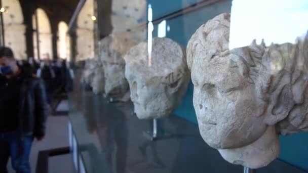 Head Statues Displayed Glass Colosseum Rome — Stockvideo