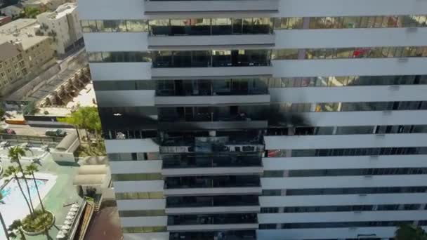 Aerial View Burnt Apartment Fire Approaching Drone Shot — Stockvideo