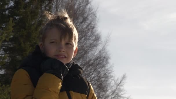 Young Boy Wearing Winter Coat Outdoors Looking Distant Wind Blows — Stockvideo
