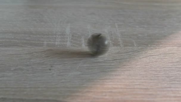 Una Moneda Euro Que Gira Una Mesa Interior Madera Luego — Vídeo de stock