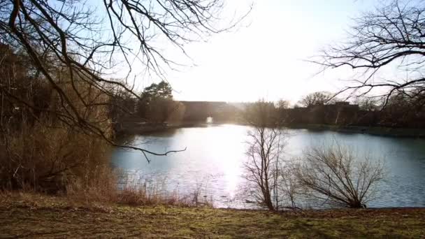 City Park Lake Sunset Spring Static Copenhagen Kildevldsparken — Stock Video