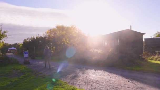 Bright Sun Flares Scene Sieben Linden Ecovillage Sunny Day Person — стоковое видео