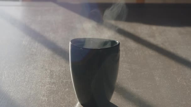 Reeking Cup Hot Morning Coffee Sunrise Static Shot Slow Motion — Stockvideo