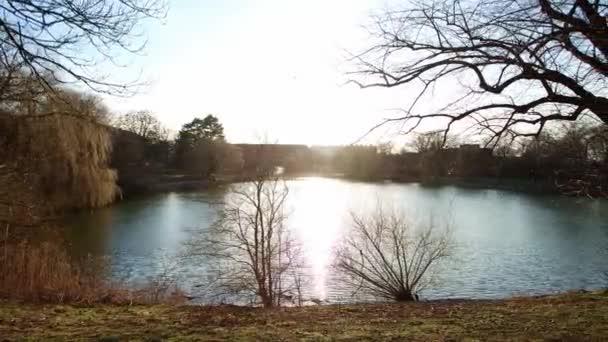 City Park Lake Sunset Spring Pan Copenhagen Kildevldsparken — Stok video