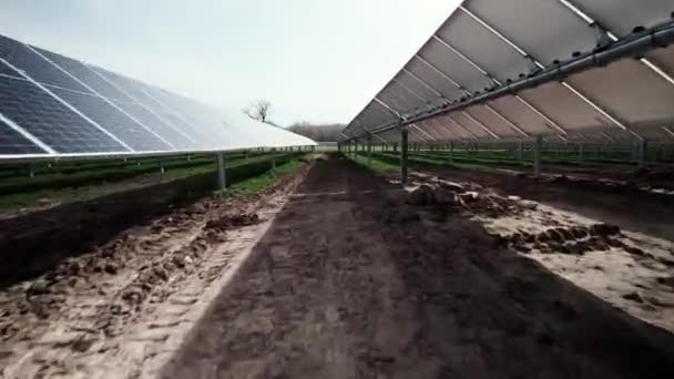 Pov Luchtfoto Vliegen Tussen Zonnepanelen Een Alternatieve Energieboerderij — Stockvideo