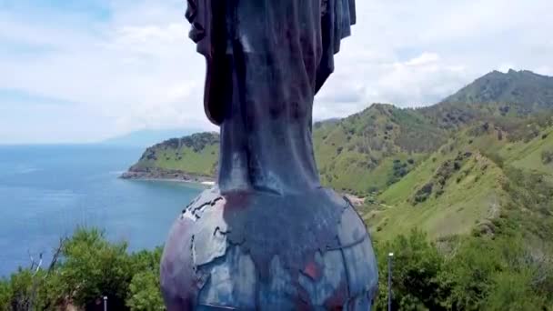 Aerial Drone Rising Cristo Rei Jesus Christ Landmark Statue Stunning — Video Stock