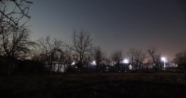 View Houses Surrounded Leafless Trees Flashes Lightning Grass Field Countryside — Vídeo de Stock