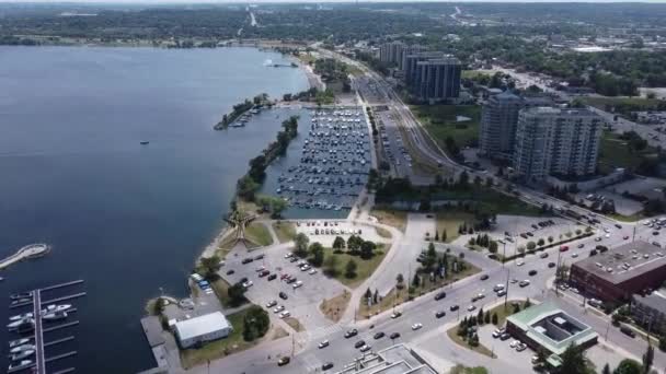 Aerial Footage City Lake Barrie Ontario Canada Summertime Boat Marina — Video Stock