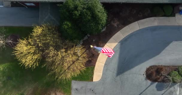 American Flag Waves Wind Top Aerial View Slow Motion Patriotic — Vídeo de Stock