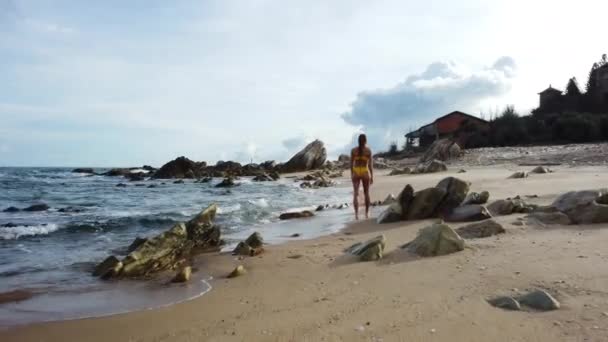 Sexig Attraktiv Blond Kvinna Som Går Barfota Bikini Tropisk Strand — Stockvideo