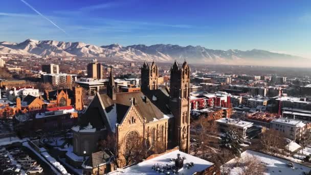 Hihetetlen Légi Felé Katedrális Madeleine Belvárosban Salt Lake City Utah — Stock videók