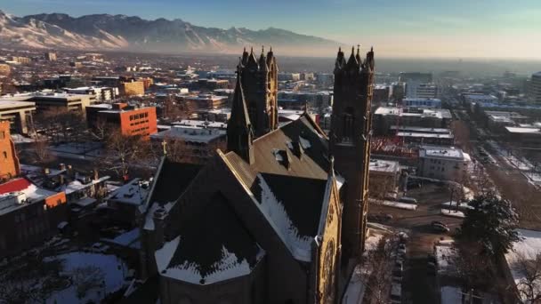 Beatiful Aerial View Orbit Cathedral Madeleine Downtown Salt Lake City — стокове відео