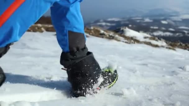 Feet Walking Deep Snow Shot Foot Steps Hiker Recreational Winter — Stock Video