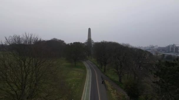 Drone Výstřel Odhaluje Vysoký Památník Parku Dublin City Pozadí — Stock video