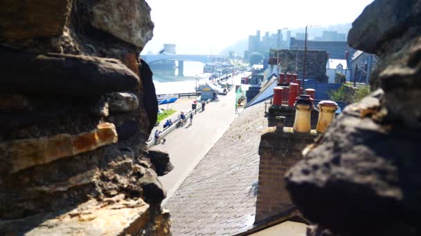 Sunny Conwy Castle Harbour Sightseeing Welsh Town Overlooking Stone Battlement — 비디오