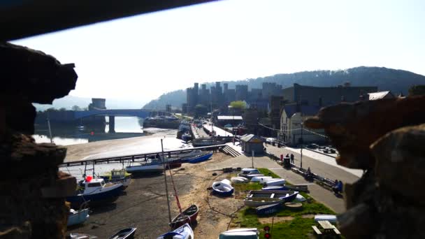 Sunny Conwy Castle Harbour Sightseeing Welsh Town Marina Overlooking Stone — Stock Video