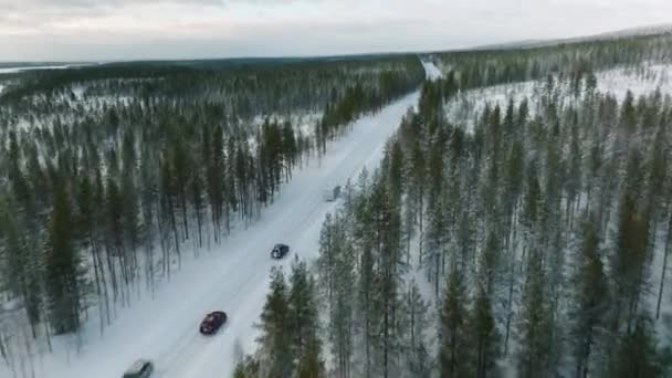 Camper Van Driving Winter Road Lapland Finland Aerial Follow Shot — 비디오