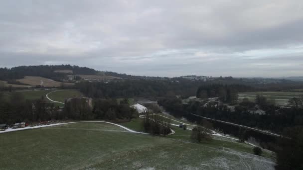 Drone Shot Snowy Valley River Flowing — Vídeo de stock