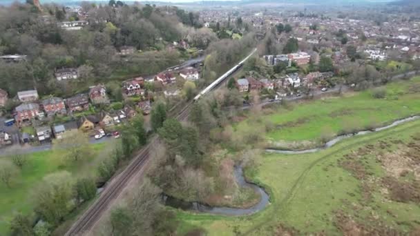 Train South Western Railway Line Going Godalming Drone Aerial View — 비디오