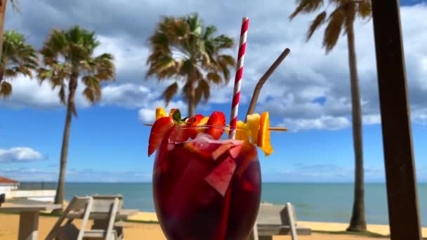美味的红色桑格利亚 海滩上有棕榈树的水果 传统的西班牙饮料 奢华的度假目的地 在西班牙的马贝拉埃斯特普纳 Marbella Estepona 享受热带度假 4K杯 — 图库视频影像