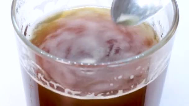 Coffee Whirlpool Created Spoon Transparent Glass White Background Macro Shot — Stock Video