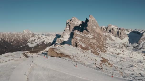 Dolly Back Drone Shot Seceda Ski Slope Italian Dolomites — Stock Video