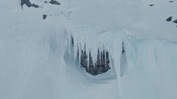 Massive Icicle Hanging Mountain Slope Side Norway Aerial View — Stock video