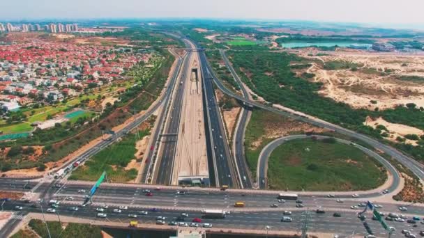 Aerial Car Driving Highways City Background Left Side — Stock video