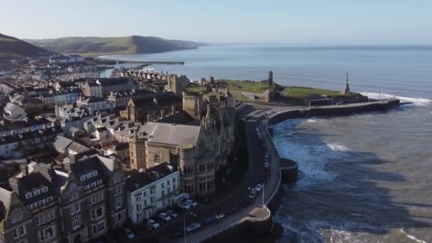 Aerial View Welsh Town Aberystwyth Flying Pier Away Castle War — Vídeo de Stock