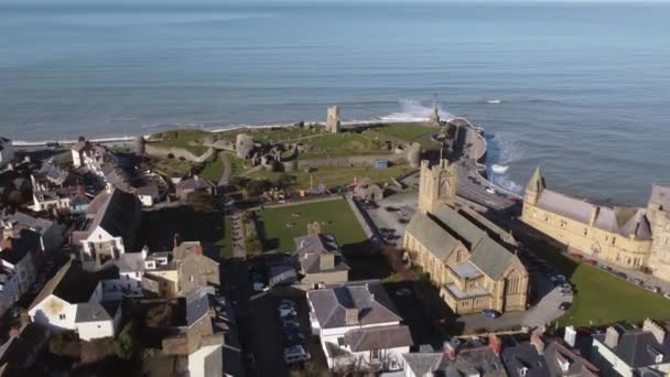 Galler Aberystwyth Kasabasının Hava Manzarası Güneşli Bir Bahar Sabahı Şehrin — Stok video