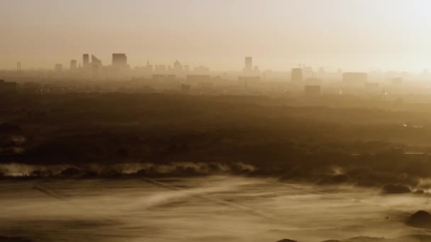 Establishing Cinematic Aerial Drone Shot Foggy Sunrise Dunes Kijkduin Hague — стокове відео