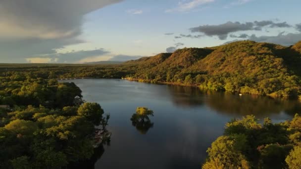 Lake Surrounded Green Hills Sunset Cordoba Argentina Aerial Circling — Stockvideo