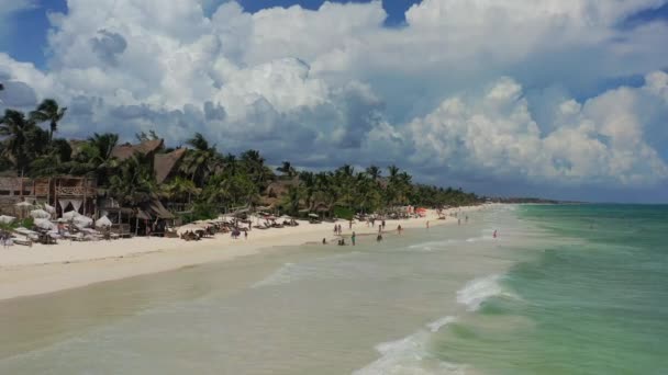 Aerial Drone Tourists Tropical Tulum Beach Hotel Zone Sunny Day — Vídeo de stock