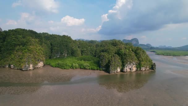 Drone Vliegt Langzaam Langs Rivier Bij Onthullen Zandbanken Thalane Krabi — Stockvideo