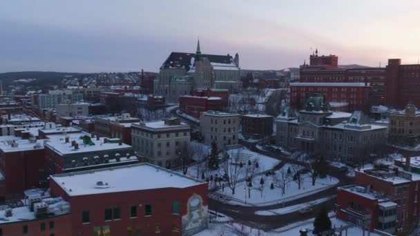 Cityscape Winterly Snow Covered Structures Sherbrooke Canada Sunset Aerial View — Stock Video