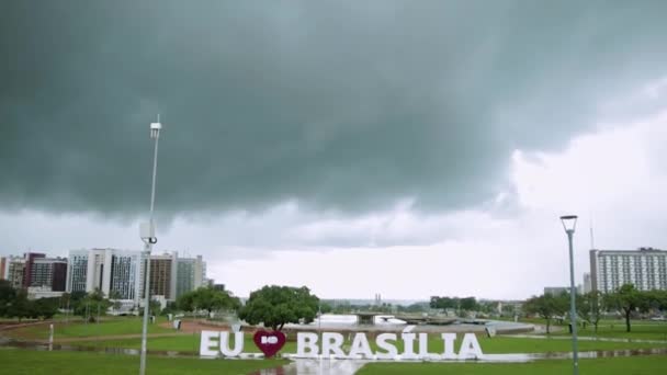 Love Brasilia Sign Cloudy Raining Day Wide Open Front View — Stock Video