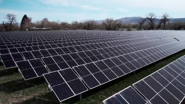 Slowly Passing Horizontal Rows Solar Panels Green Energy Farm Aerial — стоковое видео