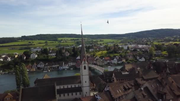 Aerial Orbit George Monastery Tower Picturesque Stein Rhein Village Next — Vídeo de stock