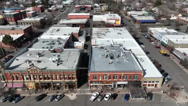 Cinematic Aerial Drone Footage Old Historical Buildings Downtown City Ellensburg — Vídeos de Stock