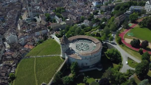 Aerial Orbit Munot Circular Fortification Verdant Hill Next High Rhine — Stock videók