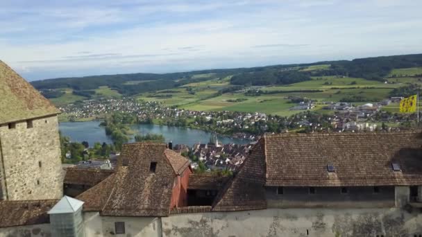 Aerial Dolly Hohenklingen Castle Revealing Stein Rhein Picturesque Village Rhine — Stock video