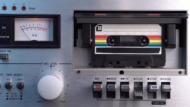 Side Old Cassette Tape Playing Vintage Deck Player Recorder Close — Stockvideo