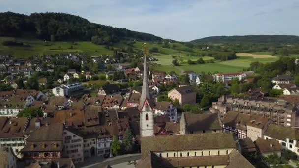 Orbita Lotnicza Klasztoru Jerzego Wieży Urokliwym Miasteczku Stein Rhein Pobliżu — Wideo stockowe