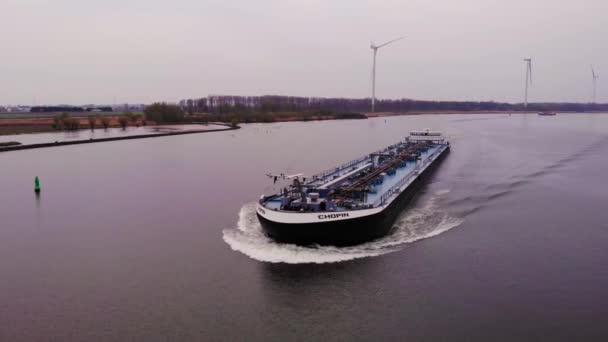 Forward Bow View Chopin Tanker Vessel Which Sailing Dutch River — Stockvideo