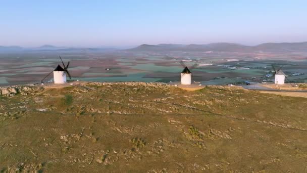 Wide Panorama Aerial View Grain Grinding Windmills Consuegra Spain — Wideo stockowe