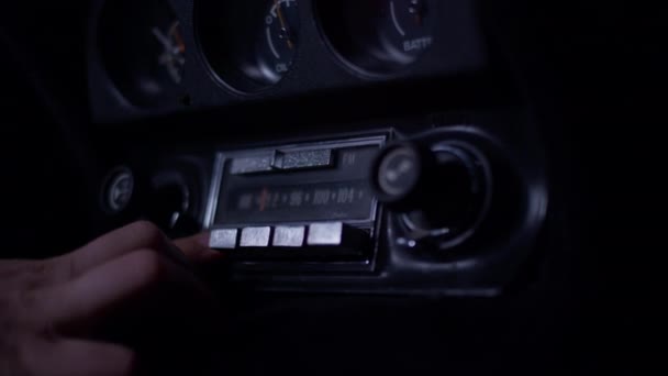 Man Hand Playing Old Corvette Radio Moving Dials Buttons — Video Stock