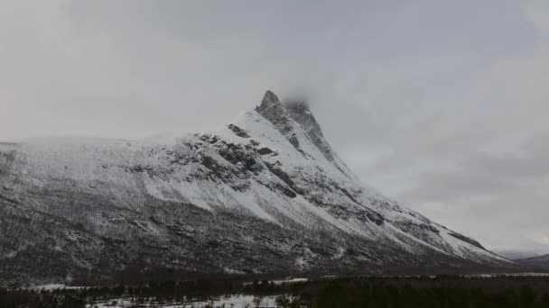 Montagna Panoramica Artico Domina Bianco Neve Paesaggio Invernale Aerea — Video Stock