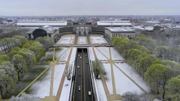 Aerial View Arc Triomphe Brussels Gate Cars Driving Jubelpark Tunnel — Wideo stockowe